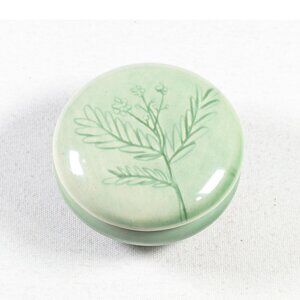 Small ceramic pill box, celadon green cream jar, floral cosmetics jar